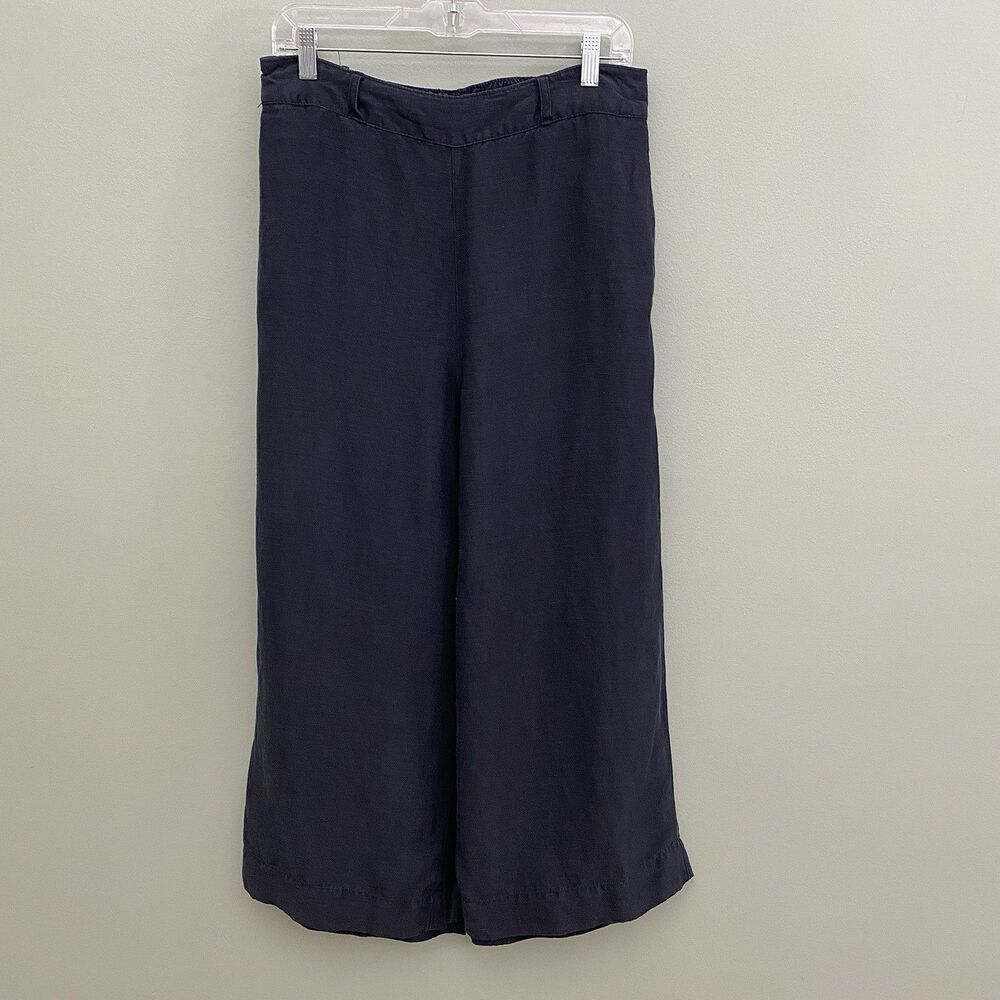 Halston Linen Blend Wide Leg Pants Womens Large Black Pull On Pockets Lagenlook